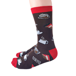 The Uptown Sox offers fun and colorful novelty socks that will bring excitement to your wardrobe and your life.  Coffee cups and mugs pattern with brown background color and red on the top, heals and toes.