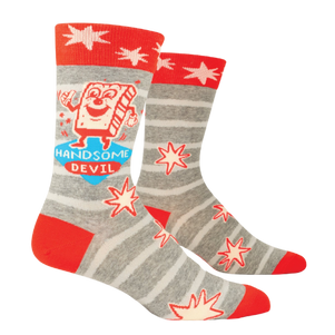 Blue Q socks featuring the phrase "Handsome Devil," with a playful design ideal for those who like to add a bit of charm and mischief to their look.