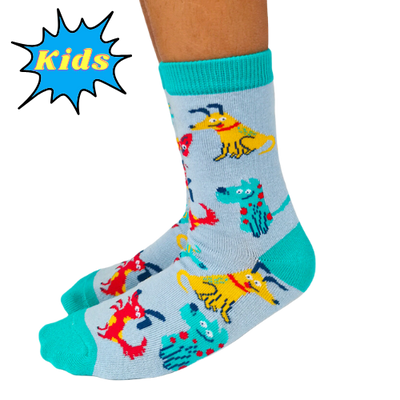 A close-up of Uptown Sox's Silly Dogs Socks, showcasing a fun and colorful pattern of dogs in silly poses. Perfect for adding a playful touch to any outfit.