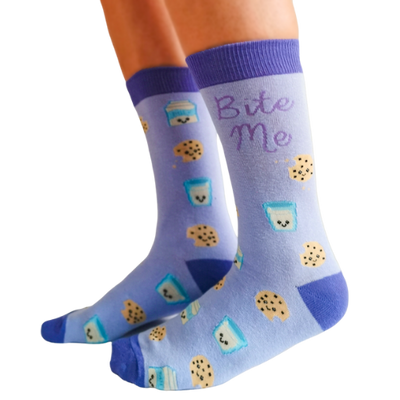 Bite Me Women's Socks. Purple socks with cookies and Milk pattern. Socks designed in Canada. Reinforced Stitchng, Vibrant Colors. 70% Cotton. It's time for a revolution of fun socks for our Canadian Sock Lovers!