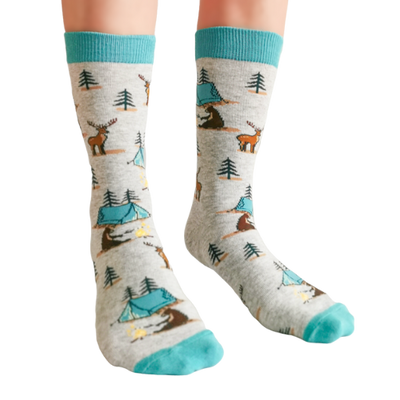 Camping Queen Women's Socks. Moose and Bears camping with tent and tree pattern.  Socks designed in Canada. Reinforced Stitchng, Vibrant Colors. 70% Cotton. It's time for a revolution of fun socks for our Canadian Sock Lovers!