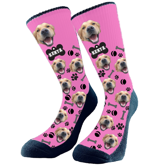 Custom Dog Face Socks ADD NAME 4 Bones balls and paws 1 Pink